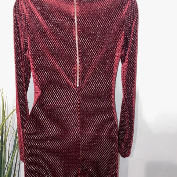 Burgundy Long Sleeve Velvet Jumpsuit - Picture 4 of 7
